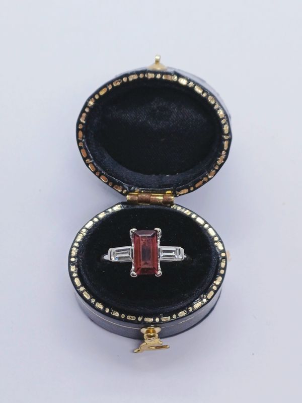 18CT White Gold and Platinum Tourmaline and Diamond Art Deco Ring (Pre Owned)