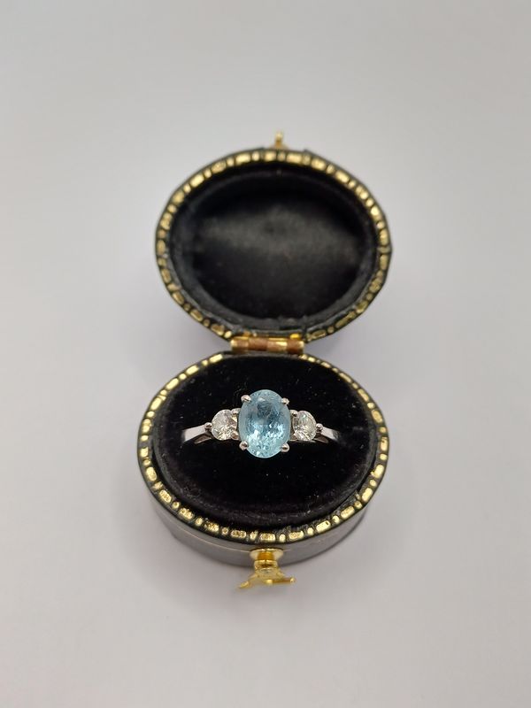 18 CT White Gold Aquamarine and Diamond 3 Stone Ring (Pre Loved)