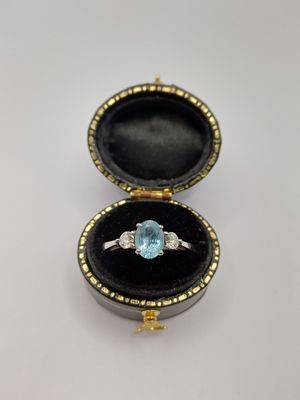 18 CT White Gold Aquamarine and Diamond 3 Stone Ring (Pre Loved) 18 CT White Gold Aquamarine and Diamond 3 Stone Ring (Pre Loved)