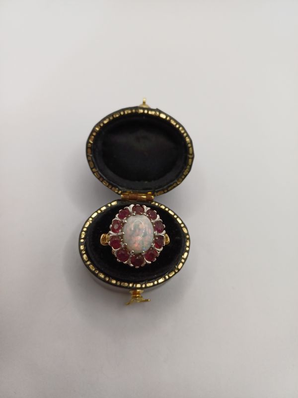 18 CT Yellow Gold Ruby and Opal Cluster Ring (Pre Loved)