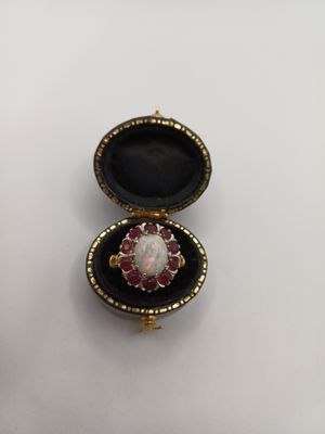 18 CT Yellow Gold Ruby and Opal Cluster Ring (Pre Loved)