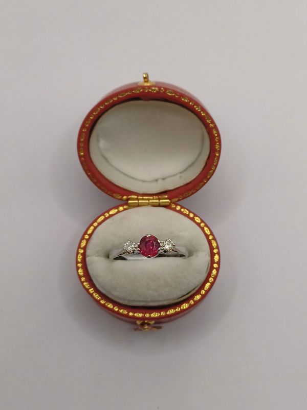 18 CT White Gold Ruby and Diamond 3 Stone Ring (Pre Loved)