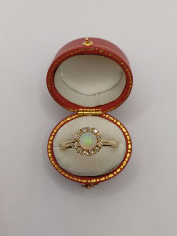 18 Yellow Gold Antique Opal and Old Cut Diamond Cluster Ring (Pre Owned)