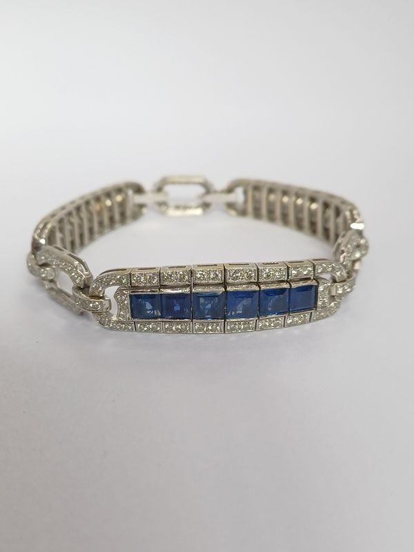 18CT White Gold Art Deco Sapphire Diamond Bracelet (Pre Owned)