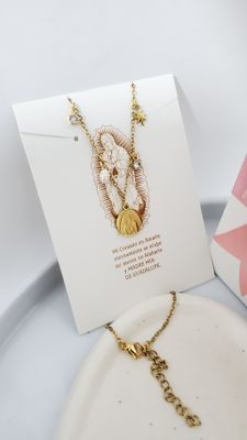 Tarjeta con collar virgen de Gpe con cristales y perlita / acero dorado