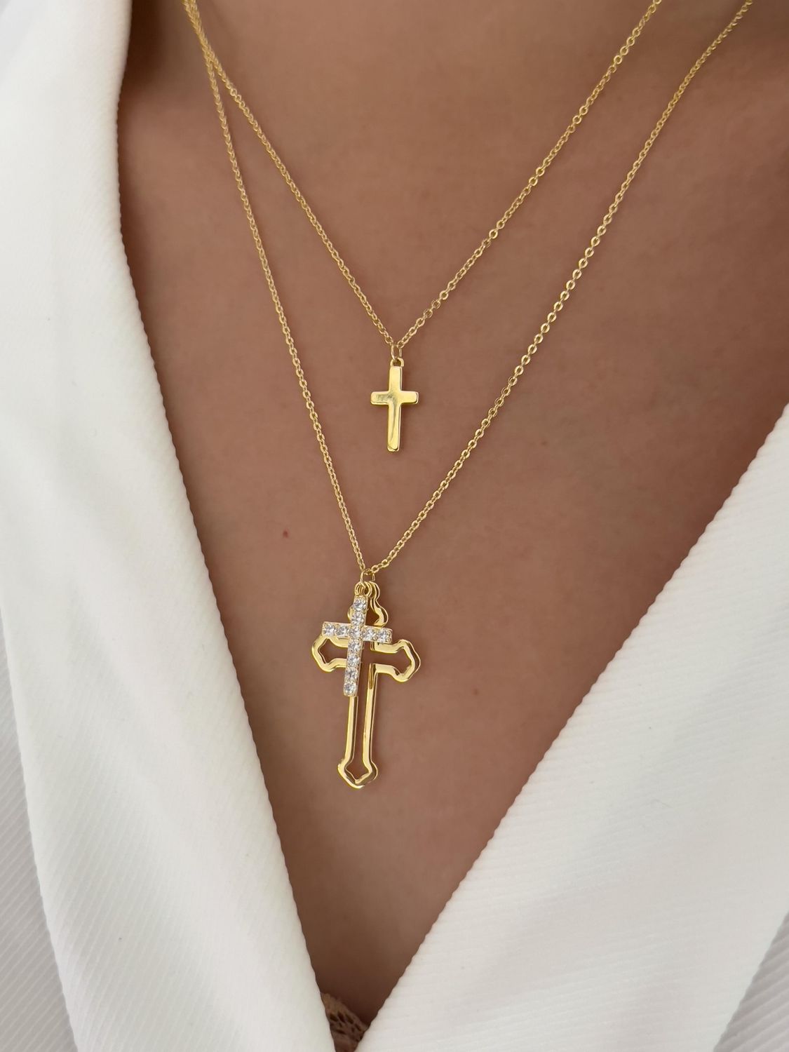 Collar doble / dijes cruces / chapa de oro 