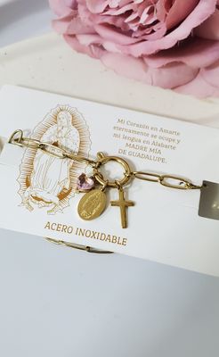 Pulsera dijes virgen de Gpe , corazón y cruz / acero dorado 