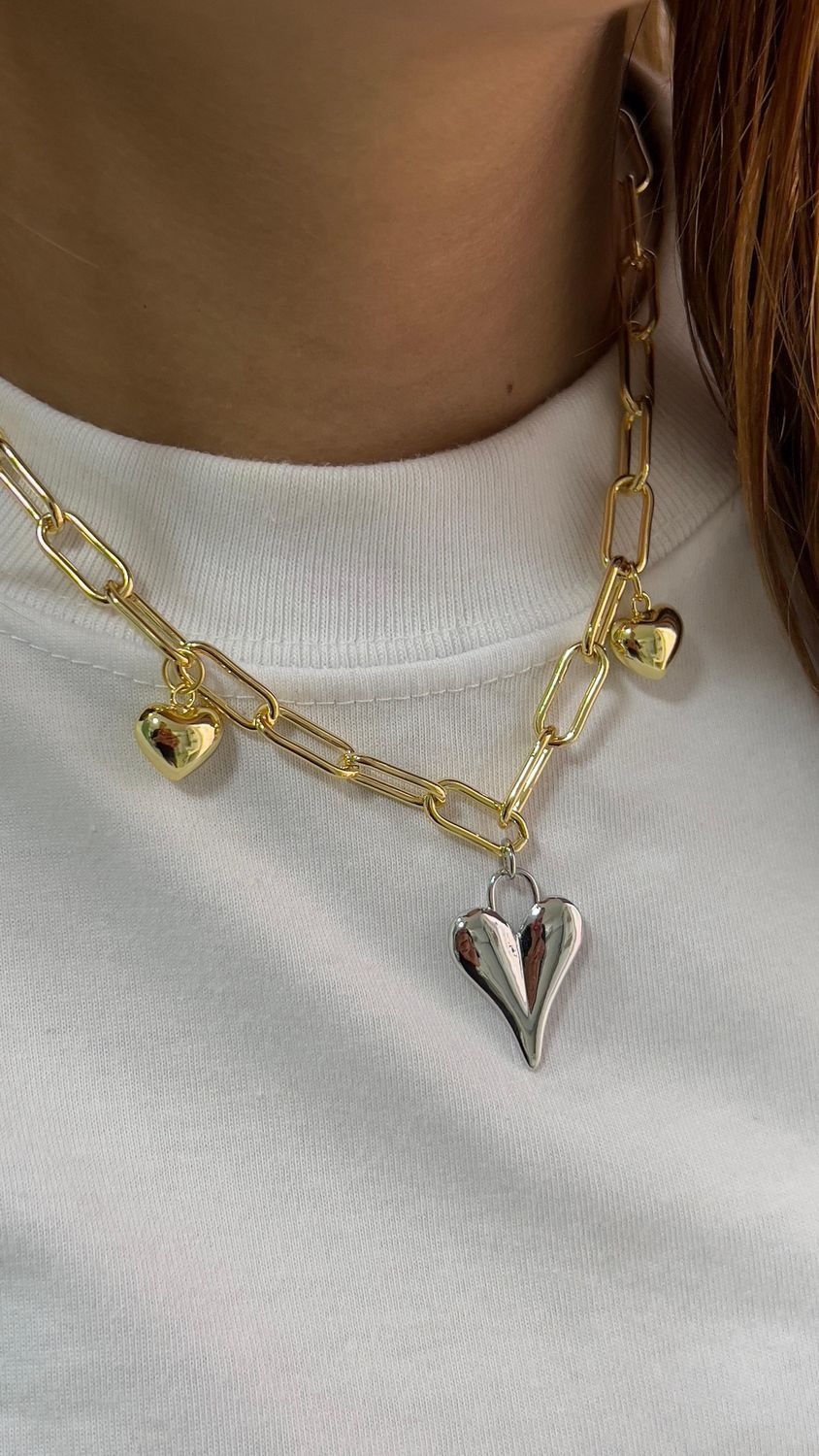 Collar dije corazón plata y Corazones dorados 