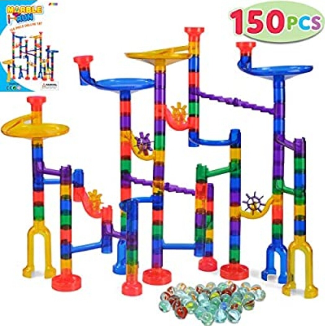 JOYIN 150 Pcs Marble Run Premium Set, Construction Building Blocks Toys, STEM Learning Toy, Educational Building Block Toy (100 pièces en plastique translucide + 50 billes de verre)