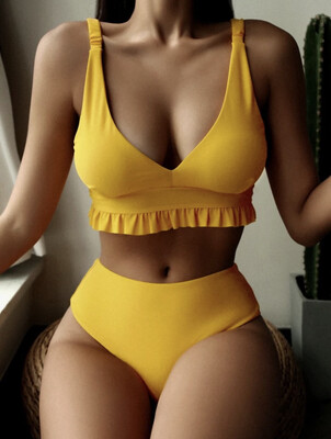 Maillot de bain bikini taille haute à volants