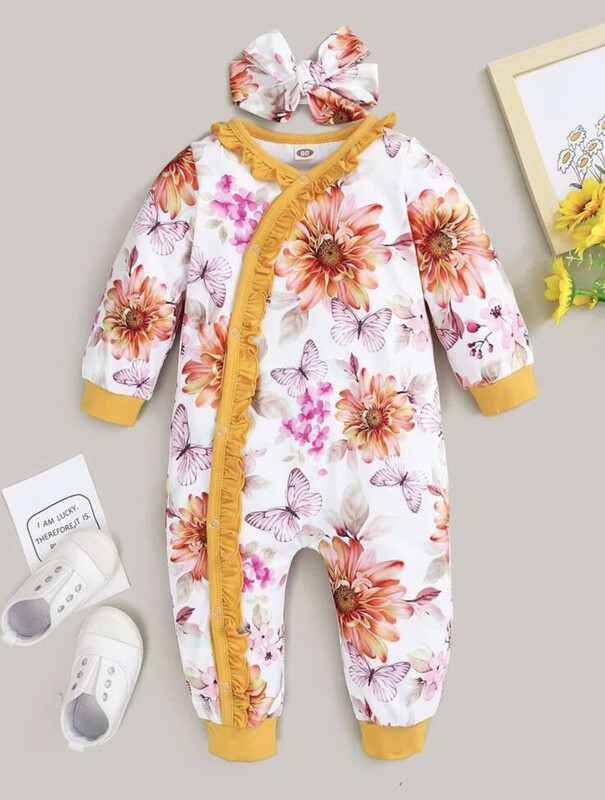 Combinaison et bandeau à volants et imprimé floral pour bébé fille