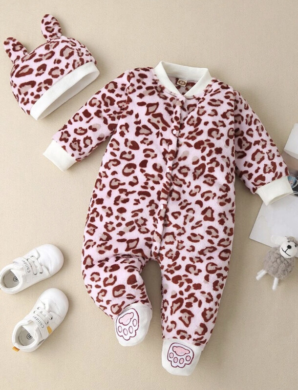 Combinaison en flanelle léopard pour bébé fille avec chapeau