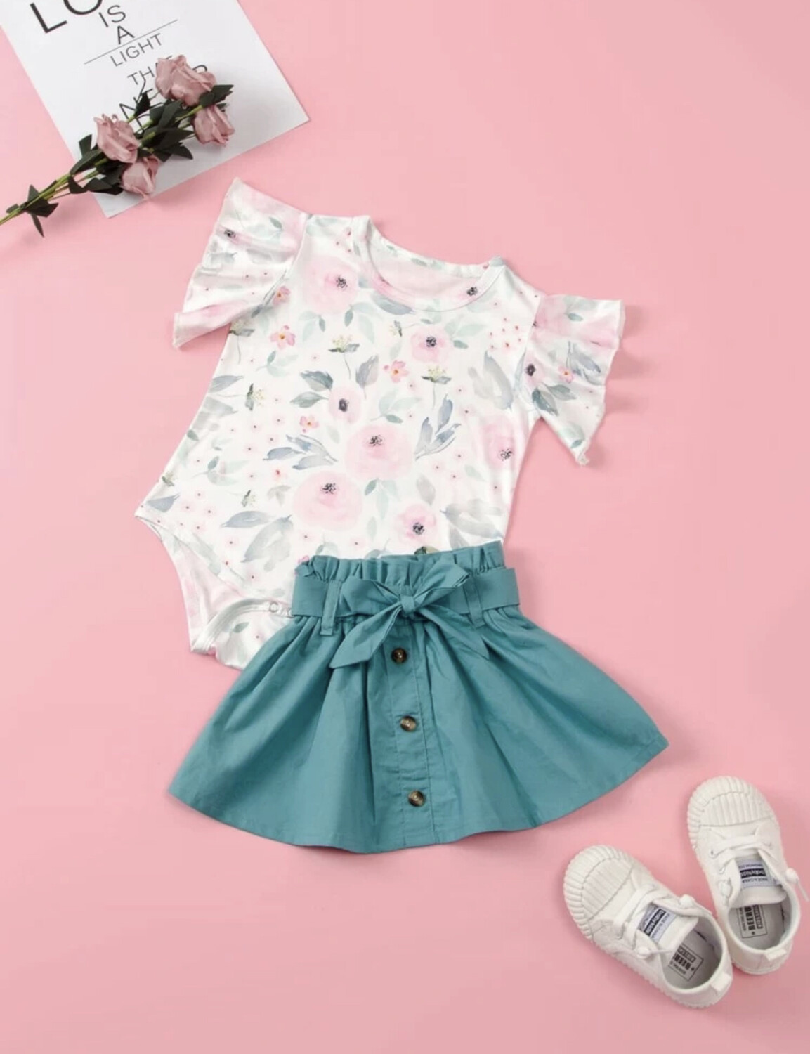 Body bébé fille à volants et jupe boutonnée avec ceinture