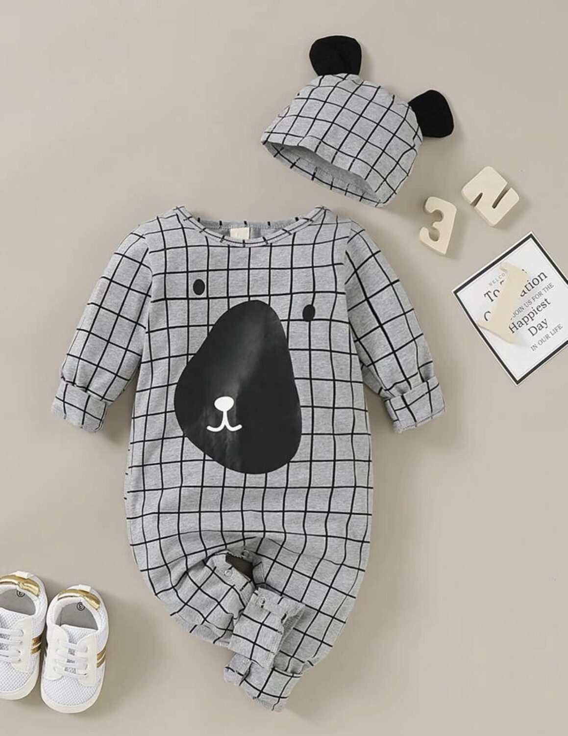 Combinaison graphique à carreaux pour bébé garçon avec chapeau