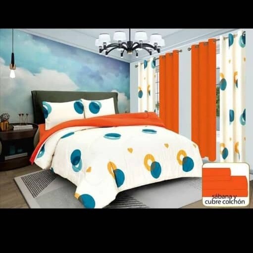 Ansanm lèn ak rido - 9 pyès - Ensemble literie et rideaux - 9 pièces (Orange)