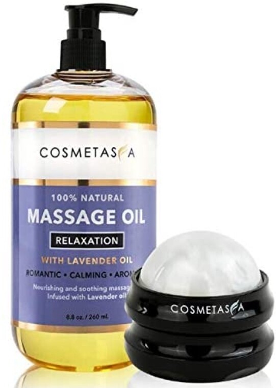 Cosmetasa - Huile de massage relaxante à la lavande avec rouleau de massage 