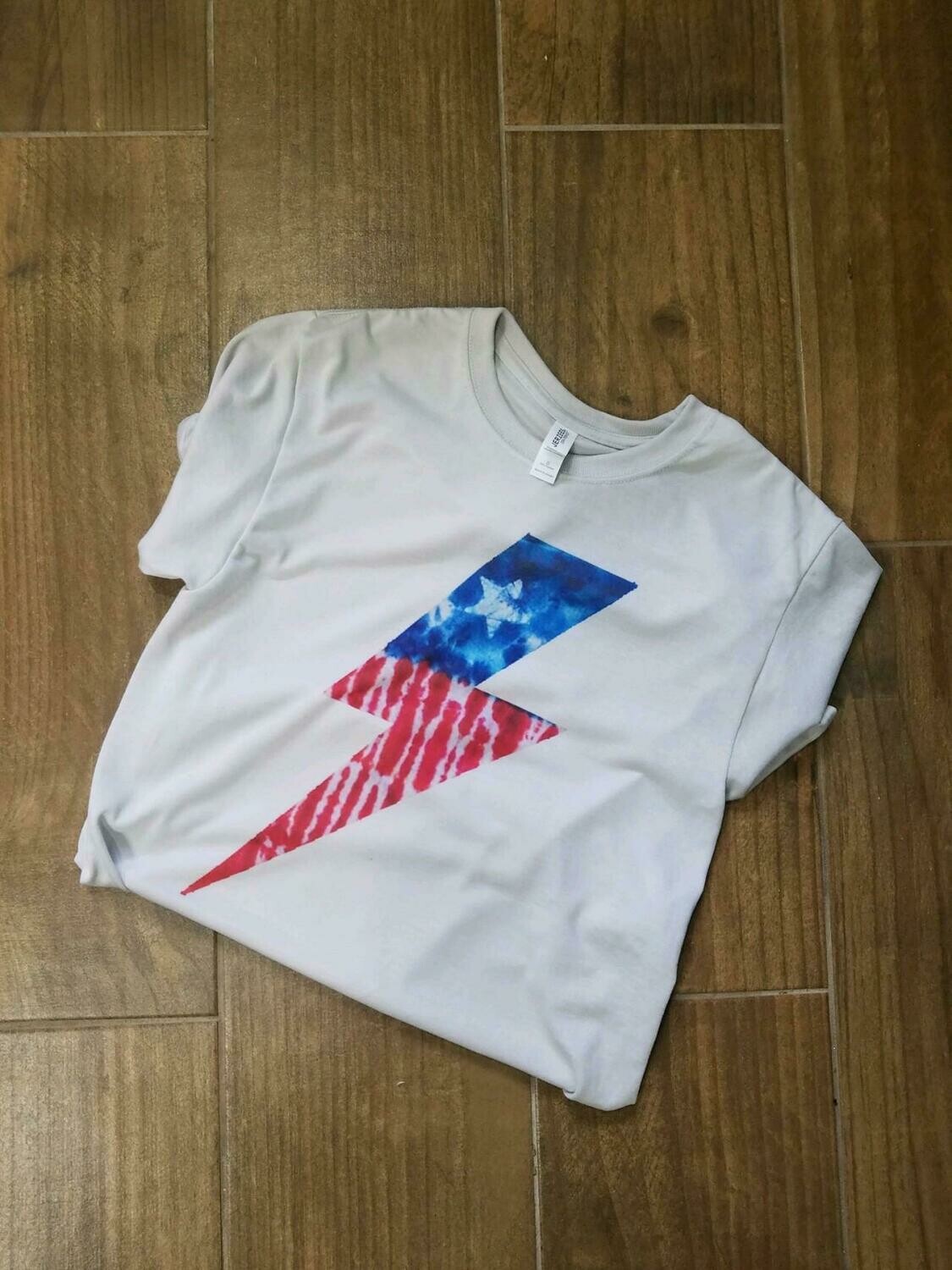 Patriotic lightning bolt tshirt in silver or tank in white