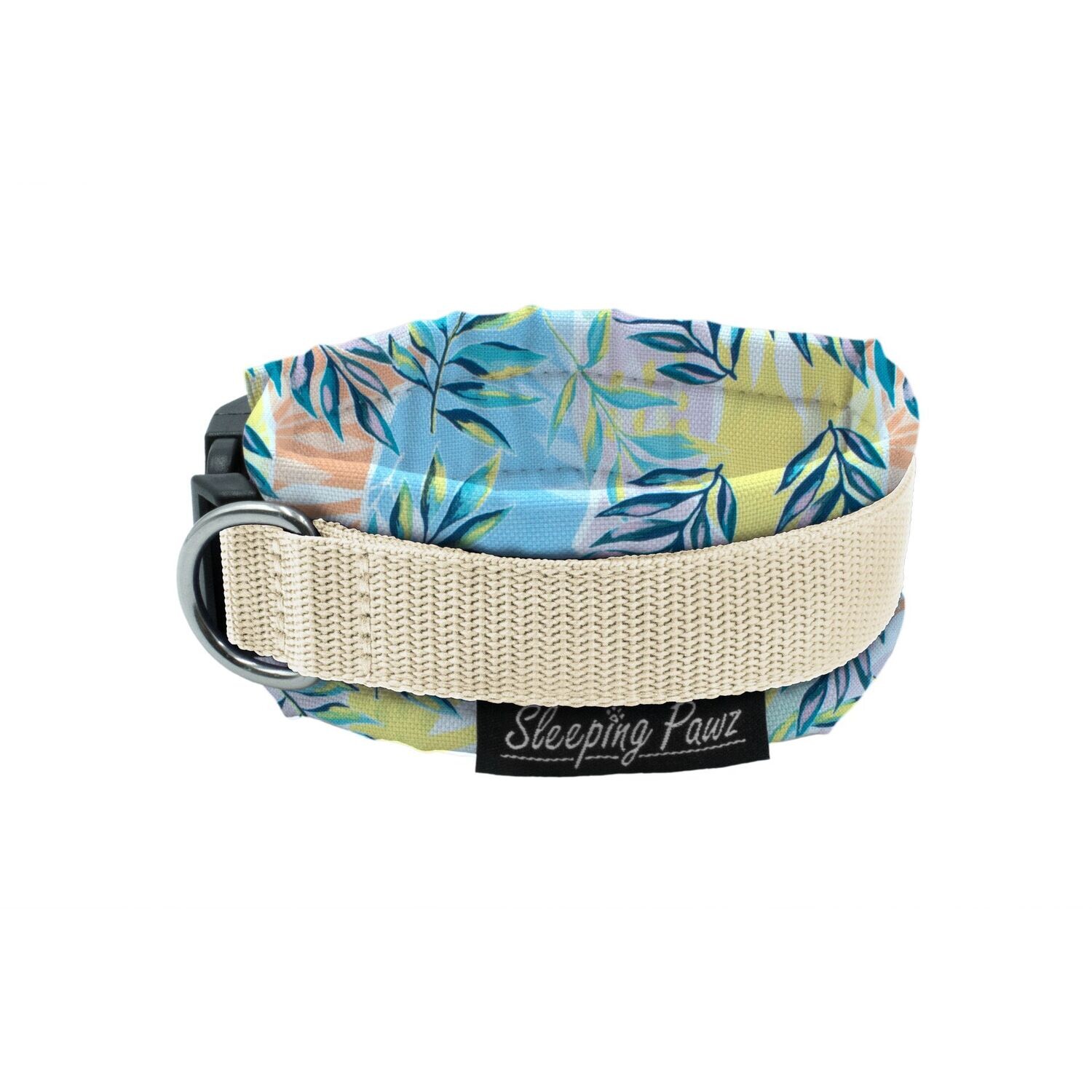 Halsband Konfigurator Musterstoffe, Musterstoffe: Tropic Pastell, Gurtbandfarbe: Beige, Beschläge: Edelstahl