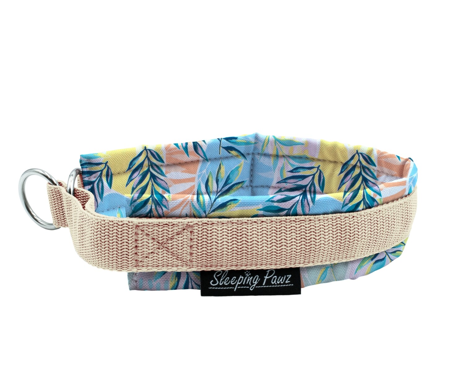 Zugstopp Halsband Konfigurator Musterstoffe, Musterstoffe: Tropic Pastell, Gurtbandfarbe: Beige, Beschläge: Edelstahl