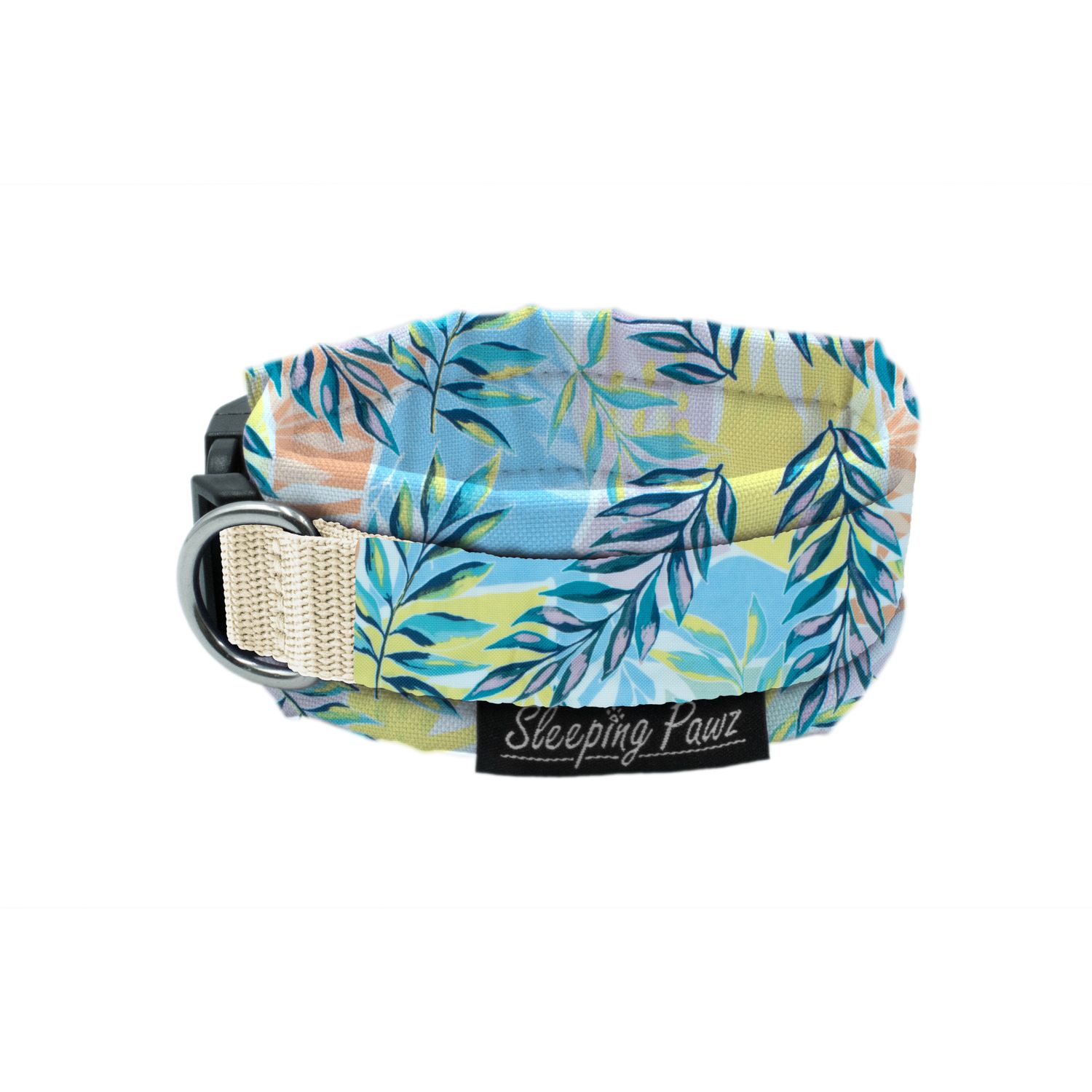 Halsband Konfigurator Musterstoffe - Verzierung, Musterstoffe: Tropic Pastell, Gurtbandfarbe: Beige, Beschläge: Edelstahl