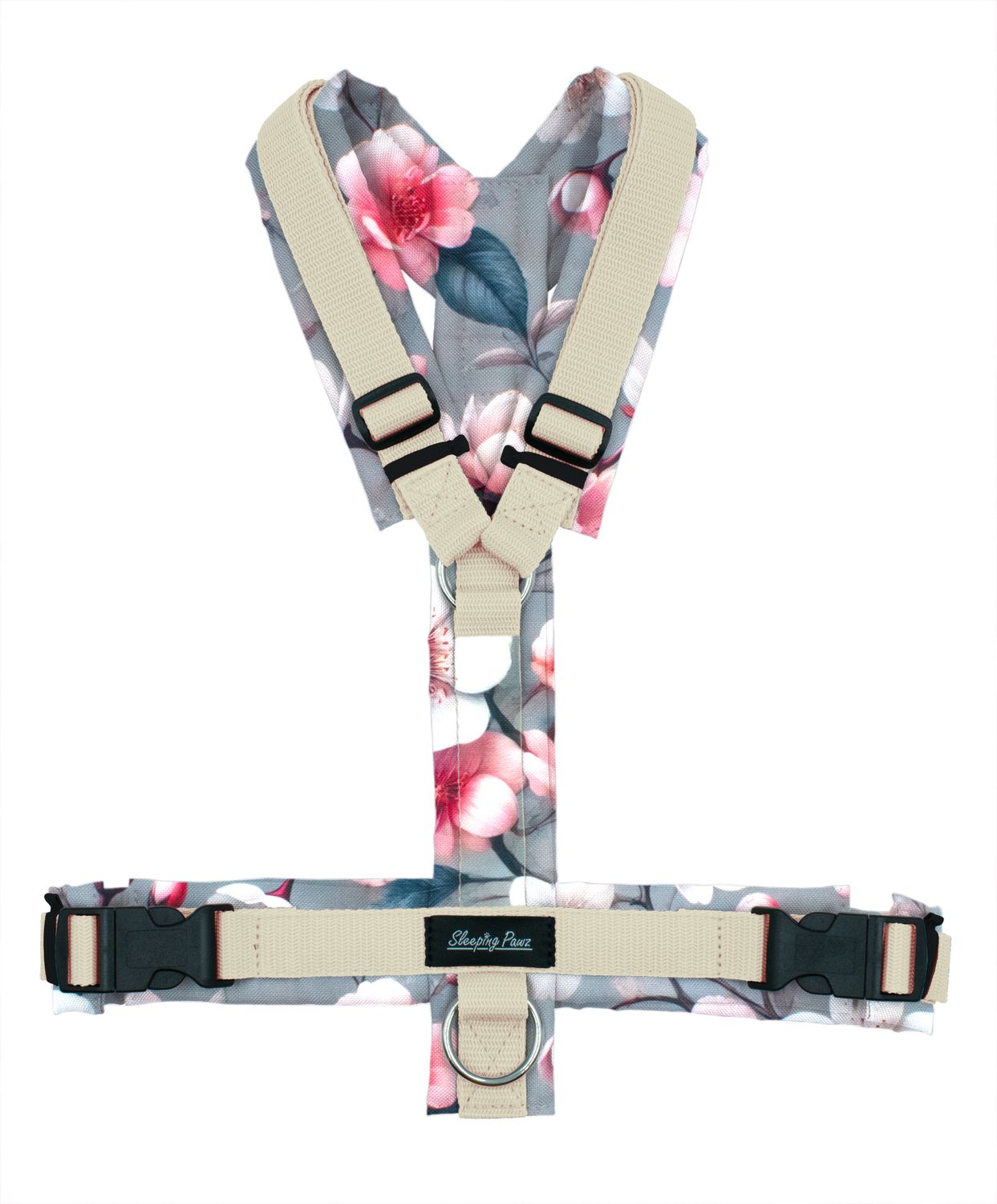 Geschirr Konfigurator Eigene Designs - Rückenverzierung, Gurtbandfarbe: Beige, Musterstoffe: Kirschblüten, Beschläge: Edelstahl
