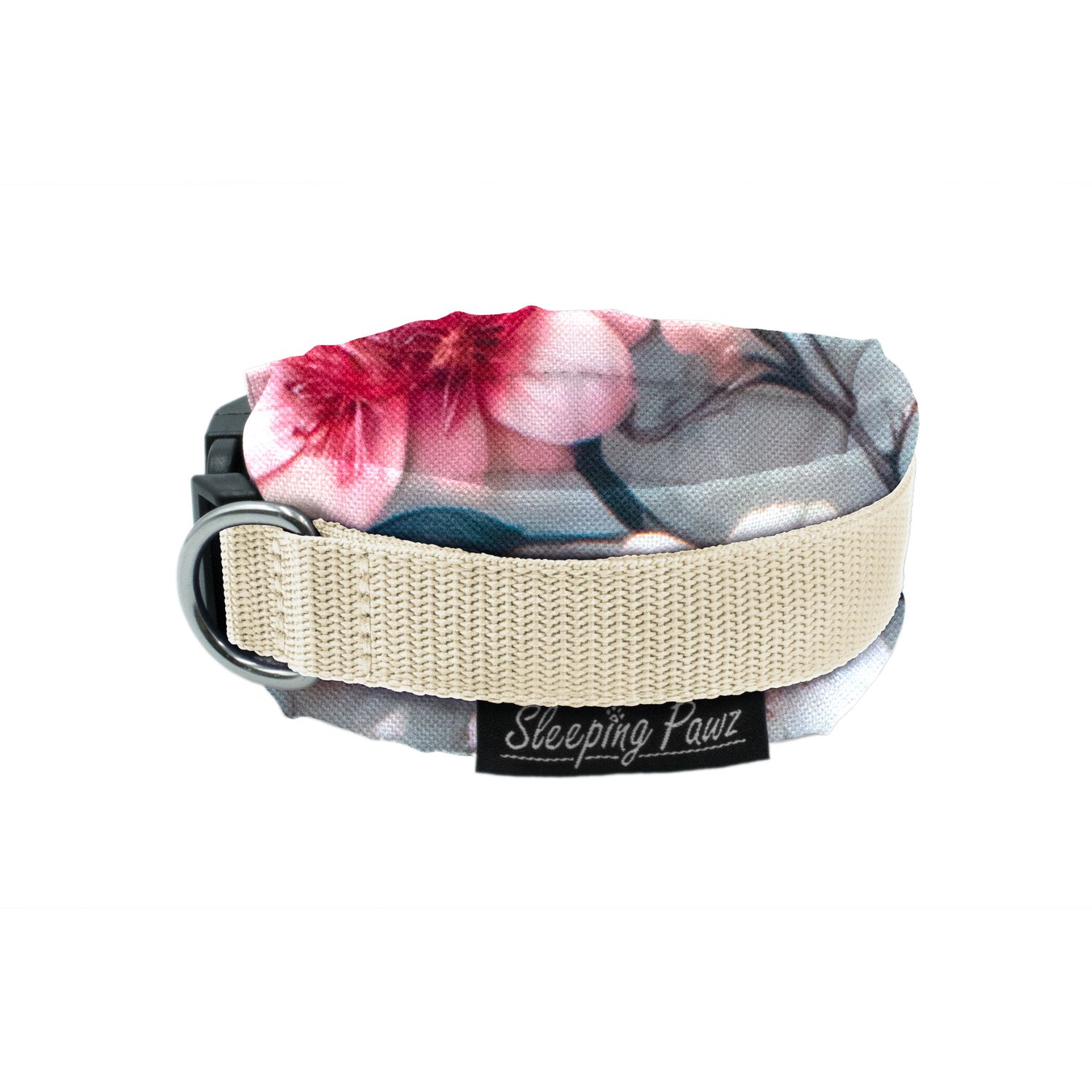 Halsband Konfigurator Eigene Designs, Gurtbandfarbe: Beige, Musterstoffe: Kirschblüten, Beschläge: Edelstahl