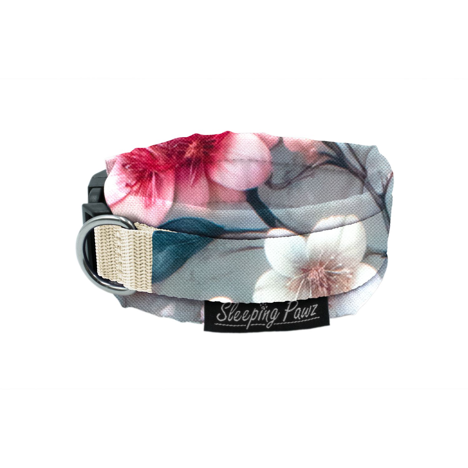 Halsband Konfigurator Eigene Designs - Verzierung, Gurtbandfarbe: Beige, Musterstoffe: Kirschblüten, Beschläge: Edelstahl
