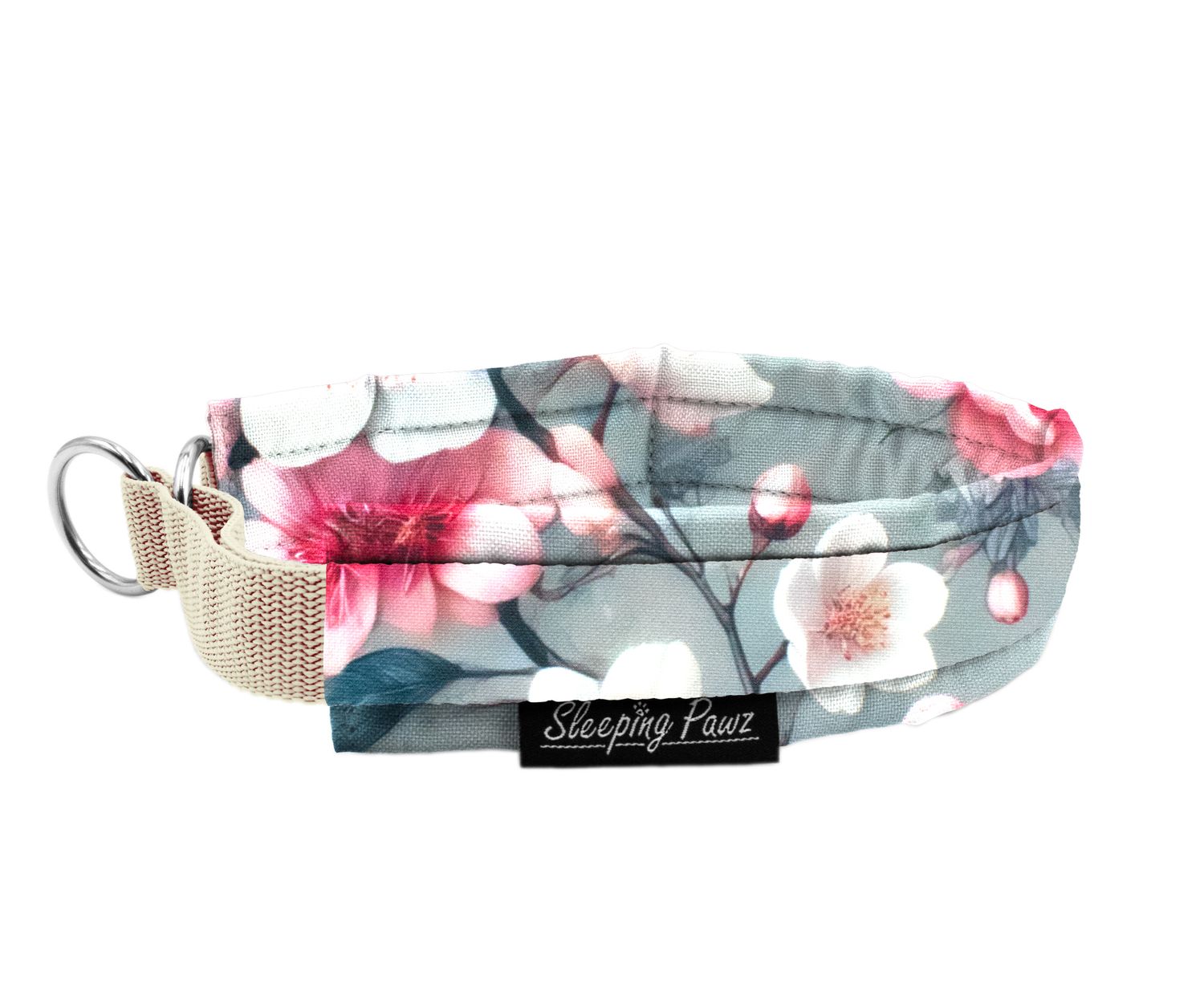 Zugstopp Halsband Konfigurator Eigene Designs - Verzierung, Gurtbandfarbe: Beige, Musterstoffe: Kirschblüten, Beschläge: Edelstahl
