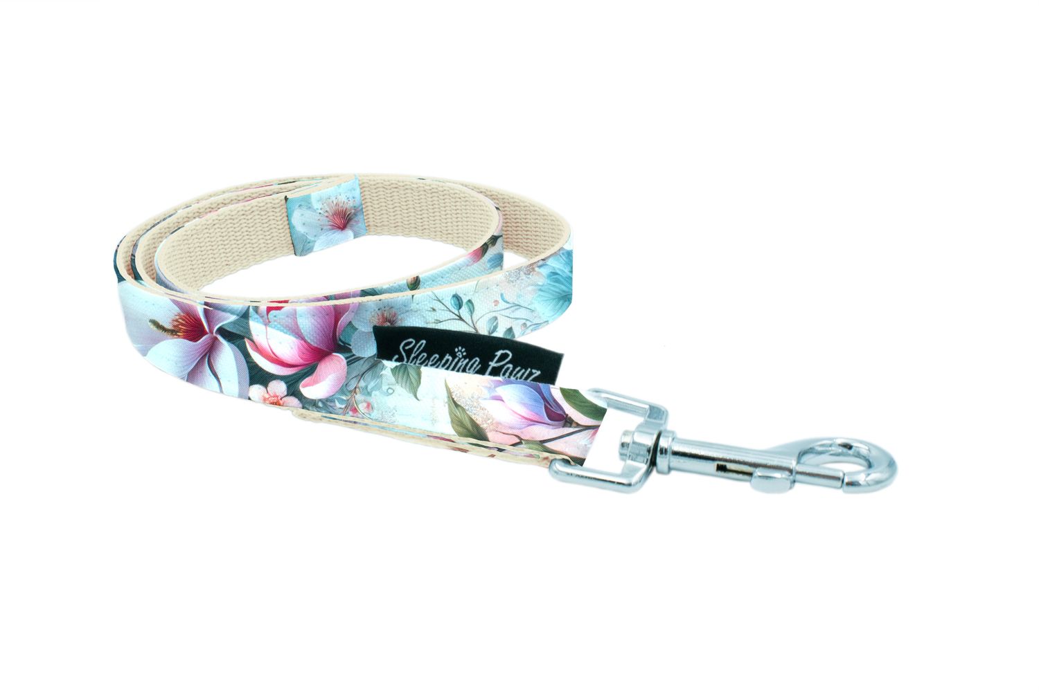 Gurtbandleine Kombi Hausleine /Trainingsleine Konfigurator Eigene Designs, Gurtbandfarbe: Beige, Musterstoffe: Blühende Eleganz, Karabiner: Edelstahl