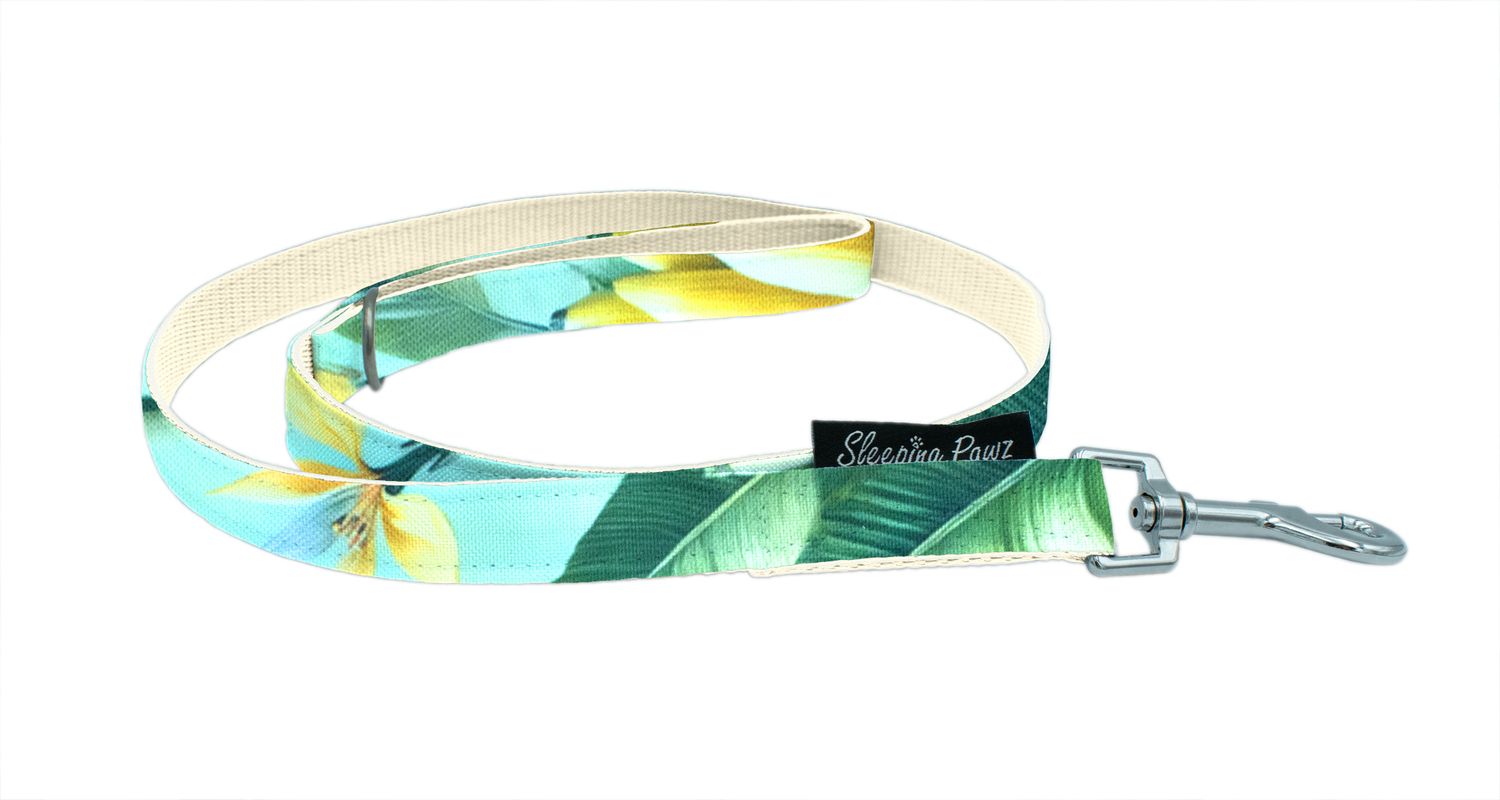 Gurtband Leine Kombi mit fester Handschlaufe, Gurtbandfarbe: Beige, Musterstoffe: Banana, Karabiner: Edelstahl