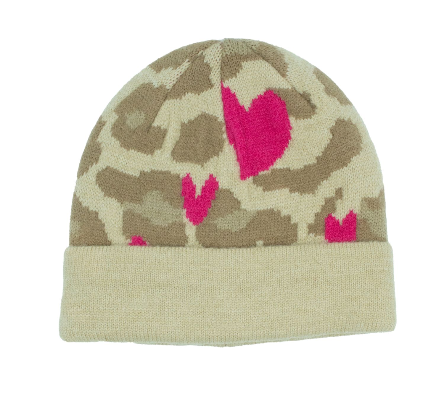 Mütze - Beige Leo/ Pinke Herzen