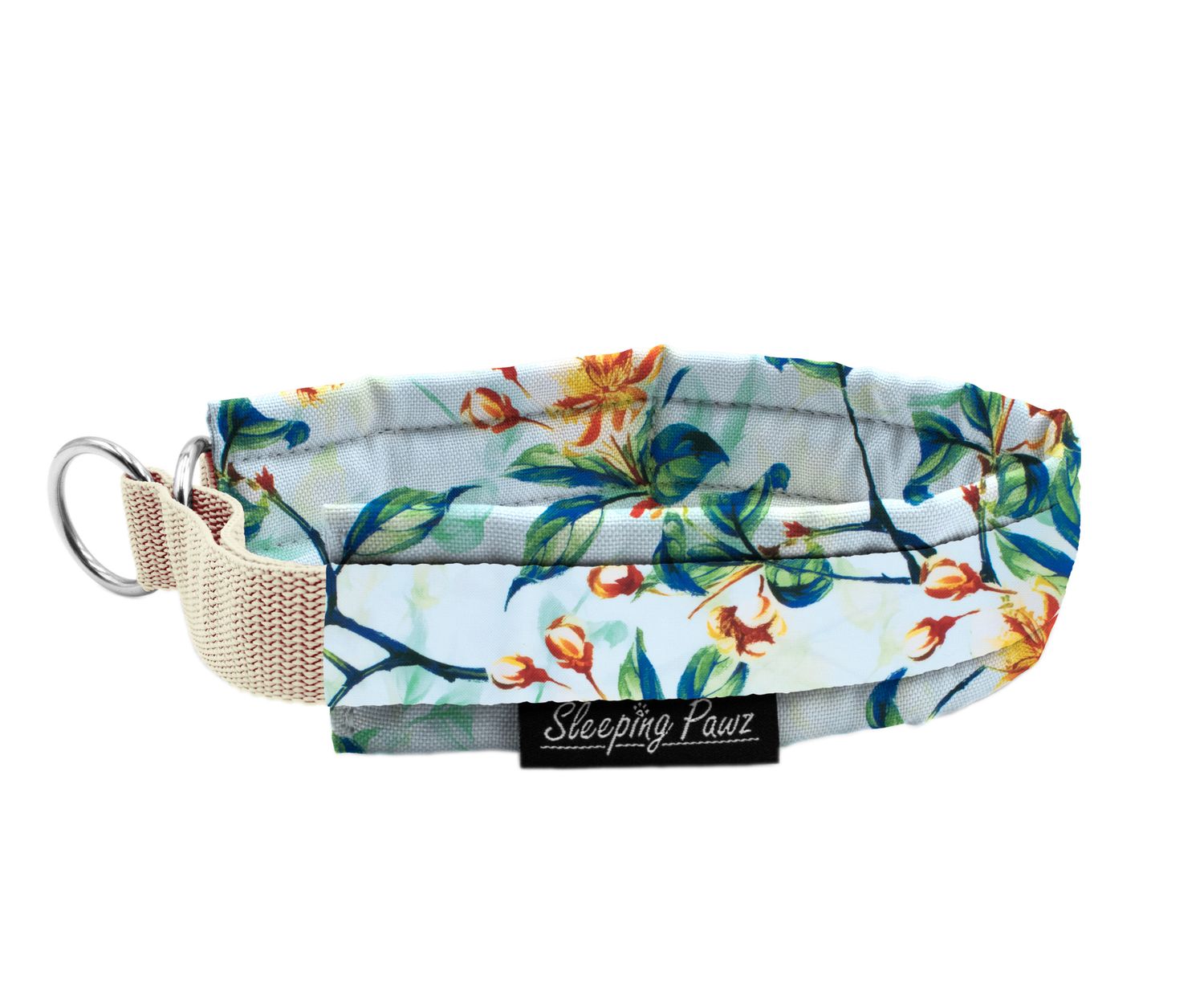 Zugstopp Halsband Konfigurator Musterstoffe - Verzierung, Musterstoffe: Apple Blossom, Gurtbandfarbe: Beige, Beschläge: Edelstahl