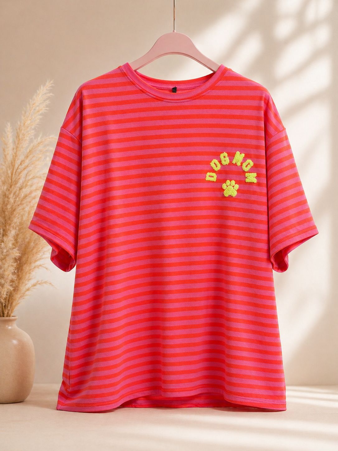 DOG MOM Streifenshirt Neonorange-Rosa mit Neongelb