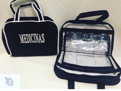 MALETIN ORGANIZADOR DE MEDICINAS EN TELA DE JEANS CON RIBETE BLANCO