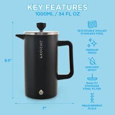 Grosche Dublin Stainless Steel Coffee Maker French Press 8 Cup | 34 Fl Oz Coffee Press, 18/8 Double Walled Stainless Steel French Press Coffee Maker - Hot/Cold Brew | Stainless French Press, Colour Options 1: Black