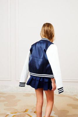 Valley Satin Varsity Jacket-Navy/White