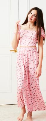 Noa Satin Tie Back Top-Pink w/Red Rose