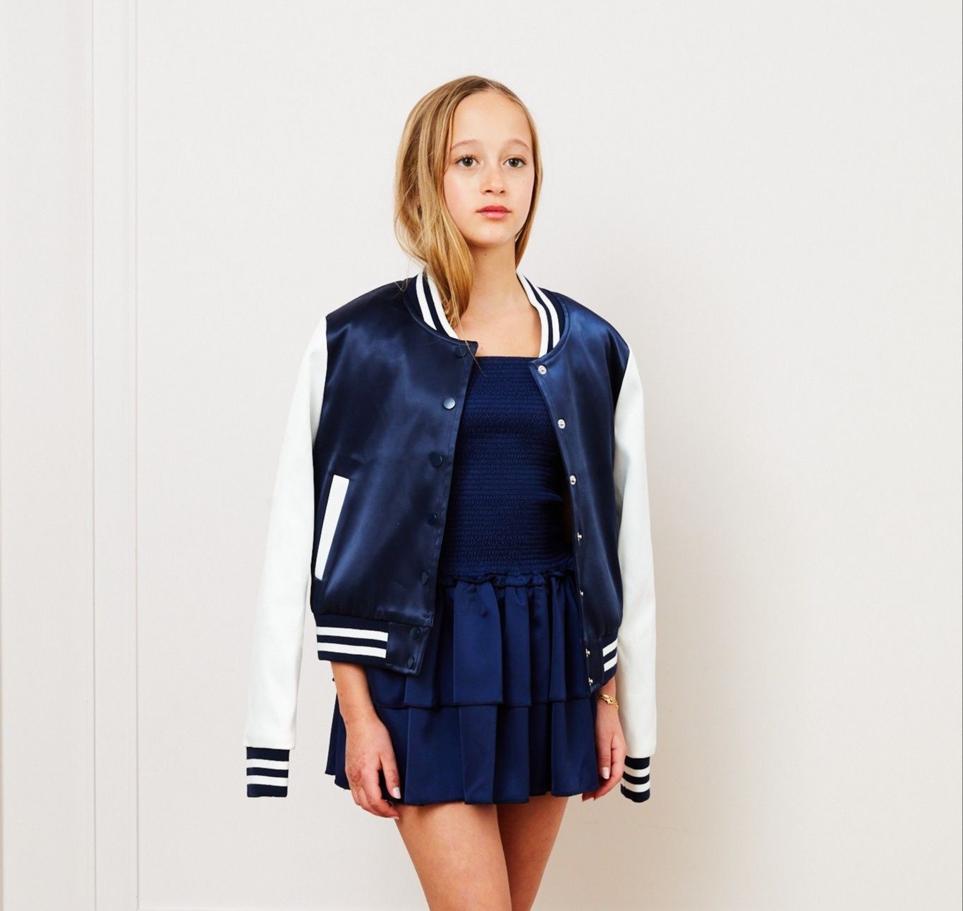 Valley Satin Varsity Jacket-Navy/White