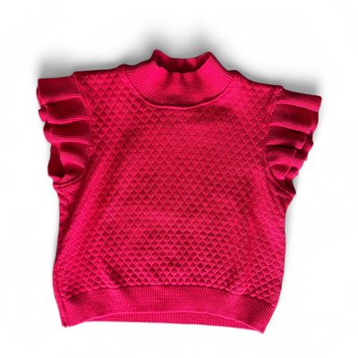 Knit Ruffle Sleeves Top-Red