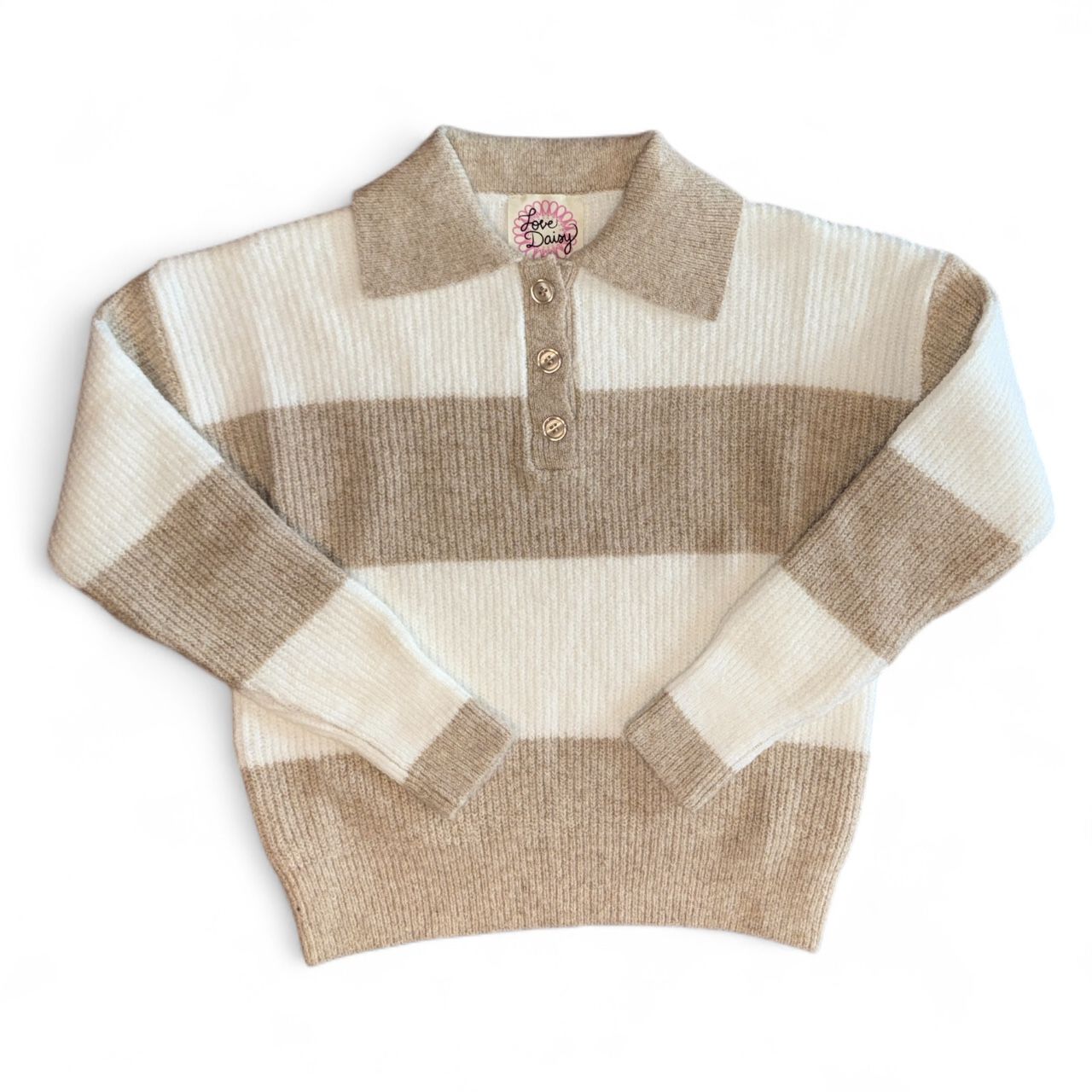LD Striped LS Polo Sweater-Ivory/Tan