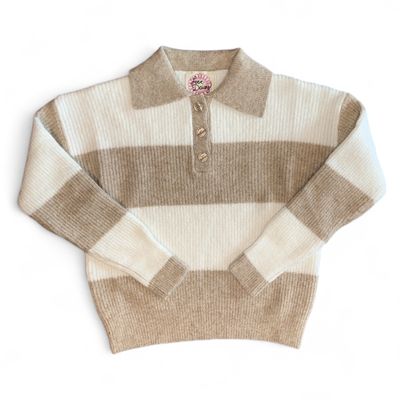 LD Striped LS Polo Sweater-Ivory/Tan