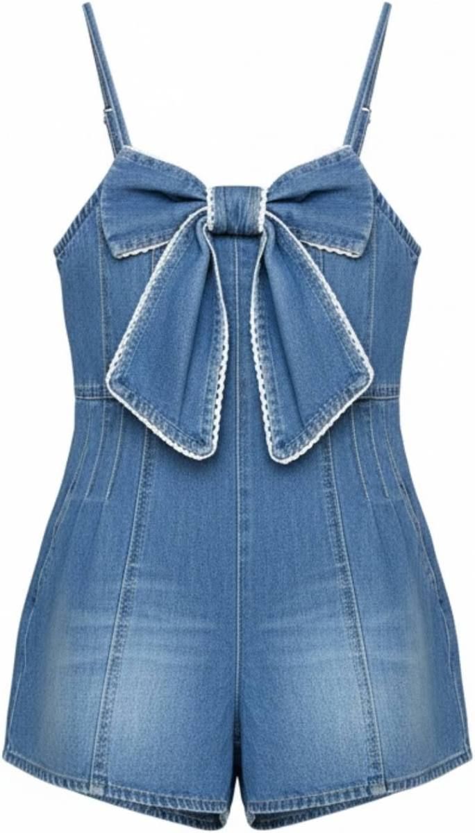 Front Bow Denim Romper