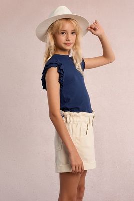 MB Navy Ruffle Sleeve Knit Top