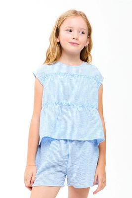 Stripe Gauze Tiered Top-Blue &amp; White