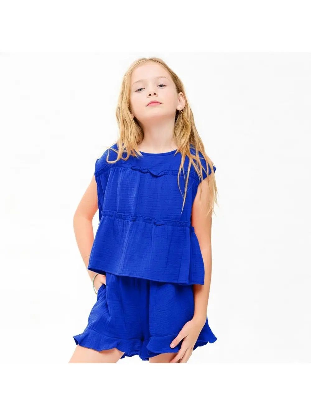 Gauze Tiered Top-Royal Blue
