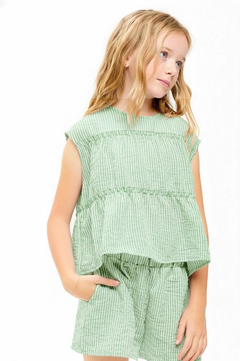 Stripe Gauze Tiered Top-Sage &amp; White