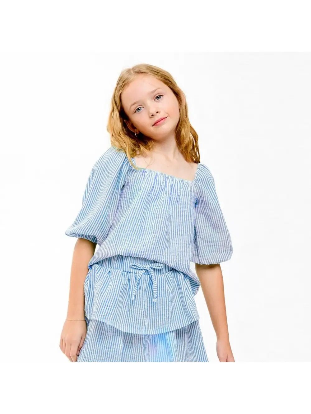 Blue Balloon Sleeve Stripe Top