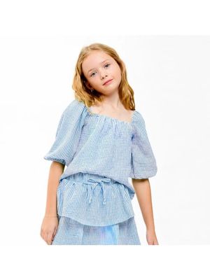 Blue Balloon Sleeve Stripe Top