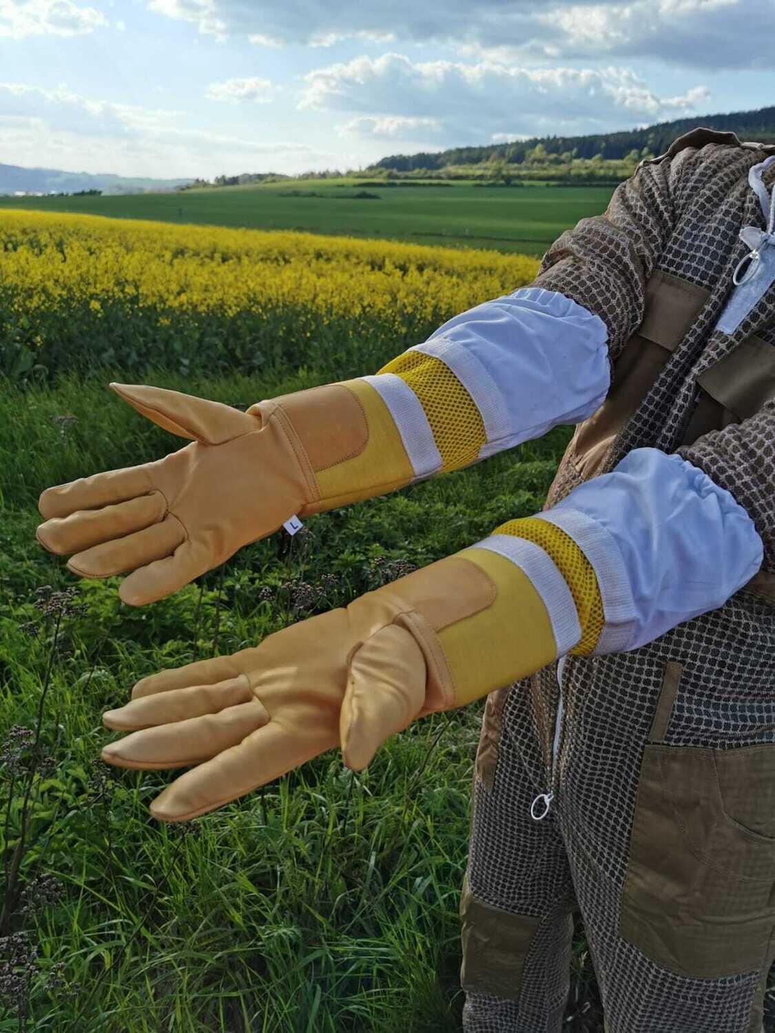 Imker Handschuhe Rindleder  gelb, mit Karabinerhacken