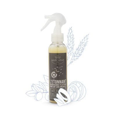 L’Étonnant est un soin démêlant sans rinçage. Sa formulation s’appuie sur les propriétés de la protéine de blé, de l’argan et du vinaigre connus pour rendre les cheveux doux et brillants 150ML